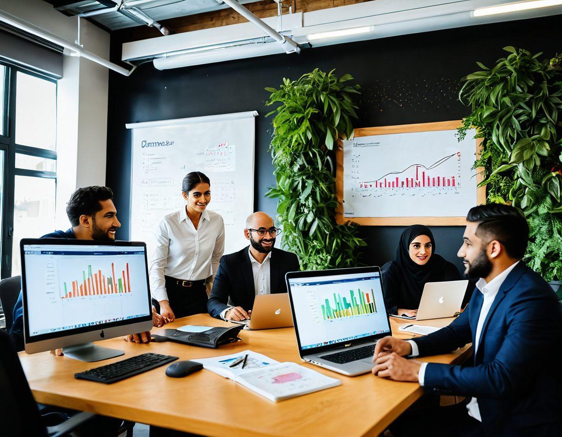 A dynamic scene depicting a diverse group of Arab American entrepreneurs collaborating in a modern co-working space filled with greenery and innovation. The atmosphere is vibrant, featuring a whiteboard with growth charts, laptops open with business plans, and motivational books scattered around. Include elements of cultural heritage subtly displayed with rich textures and colors that represent Arab culture. Create a sense of empowerment and success in the air. super-realistic. vibrant colors. modern aesthetic.