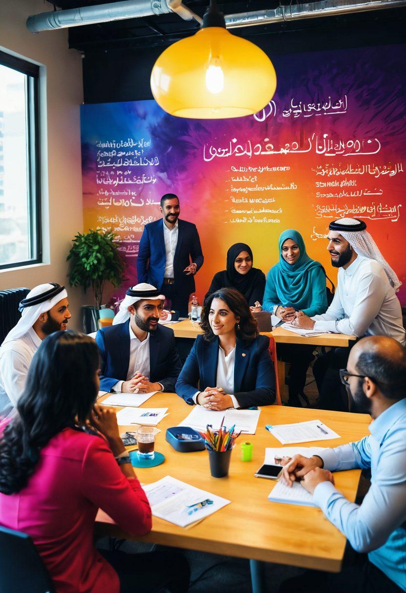 A vibrant, diverse group of Arab American entrepreneurs gathered in a dynamic workshop setting, engaging in discussions and sharing resources. Include a mentor figure guiding the conversation, with inspirational quotes and symbols of innovation in the background. The atmosphere should be colorful and empowering, reflecting collaboration and growth. Bright, saturated colors and a modern design aesthetic. super-realistic. vibrant colors.