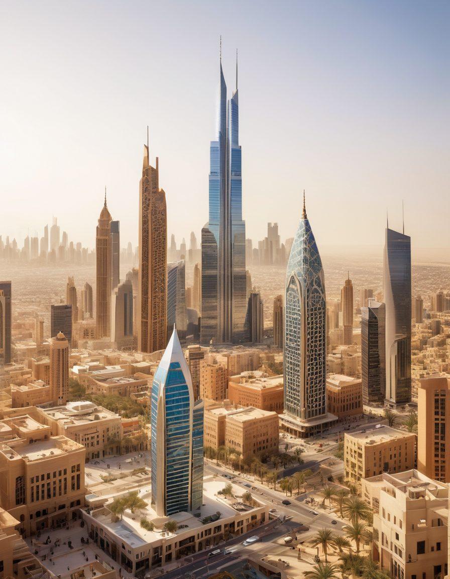 A vibrant cityscape blending iconic Arab architecture with American modern skyscrapers, symbolizing cultural fusion. In the foreground, diverse business professionals are engaged in a lively discussion, showcasing collaboration and innovation. Soft sunlight casts warm shadows, enhancing the inviting atmosphere. Elements of digital technology and traditional crafts merge seamlessly in the background. super-realistic. vibrant colors. white background.